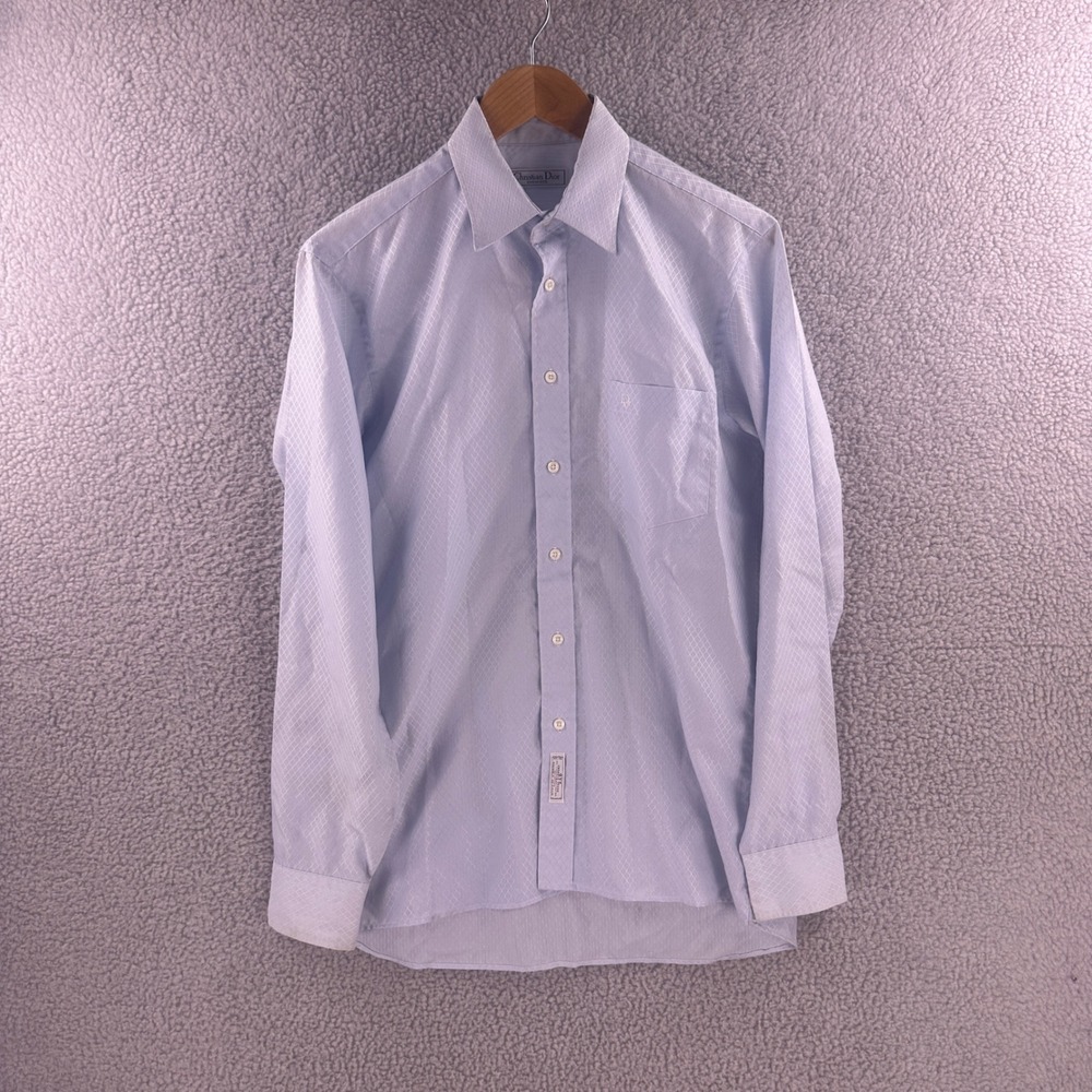 Vintage Christian Dior Chemises Mens Medium Blue Jacquard Button Down Shirt